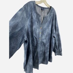 PureJill Indigo Denim Top Womens 3X Mineral Wash Blue 100% Cotton Western Boho